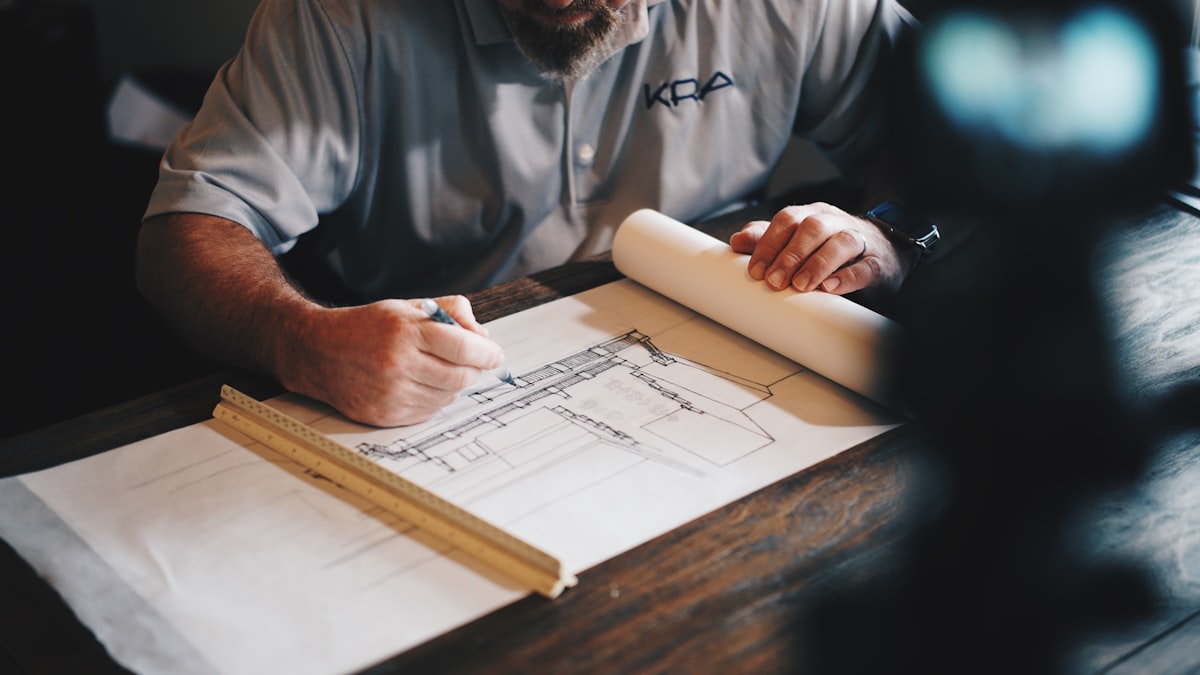 Hand drafting over rolled construction drawings